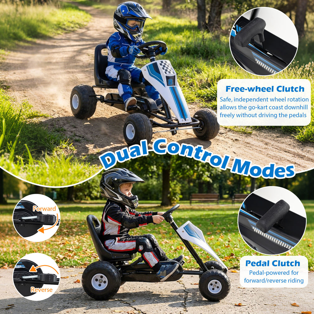 4-wheel pedal go-kart for kids featuring adjustable seat, dual control modes, and safe handbrake for versatile riding.