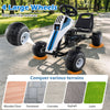 4-wheel pedal go-kart for kids with adjustable seat, anti-slip wheels, and safe handbrake for various terrains.
