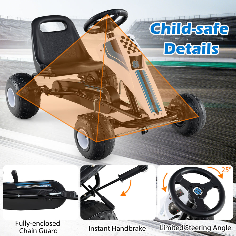 Child-safe pedal go-kart for kids featuring a fully-enclosed chain guard and instant handbrake for safe riding.