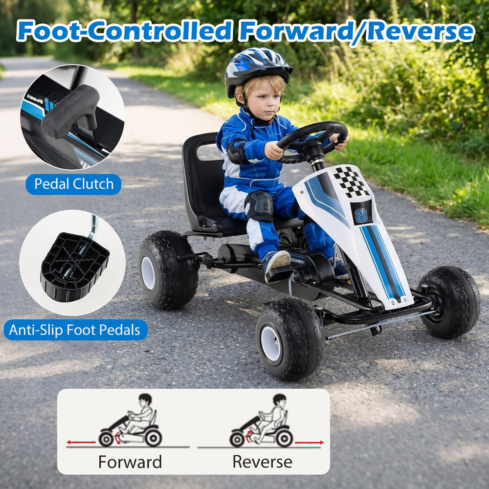 Kids' pedal go-kart with adjustable seat, anti-slip foot pedals, and foot-controlled forward/reverse for outdoor fun.