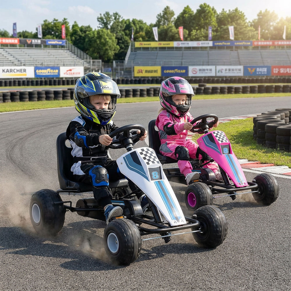 Kids riding 4-wheel pedal go-karts with adjustable seats and safe handbrakes on a racetrack for outdoor fun.