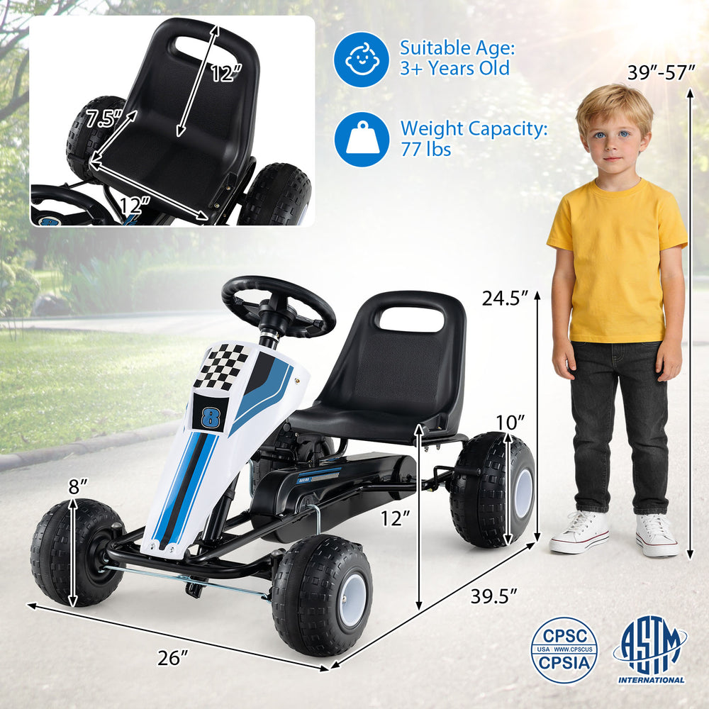 4-wheel pedal go-kart for kids with adjustable seat, steering wheel, and safe handbrake, suitable for ages 3 and up.