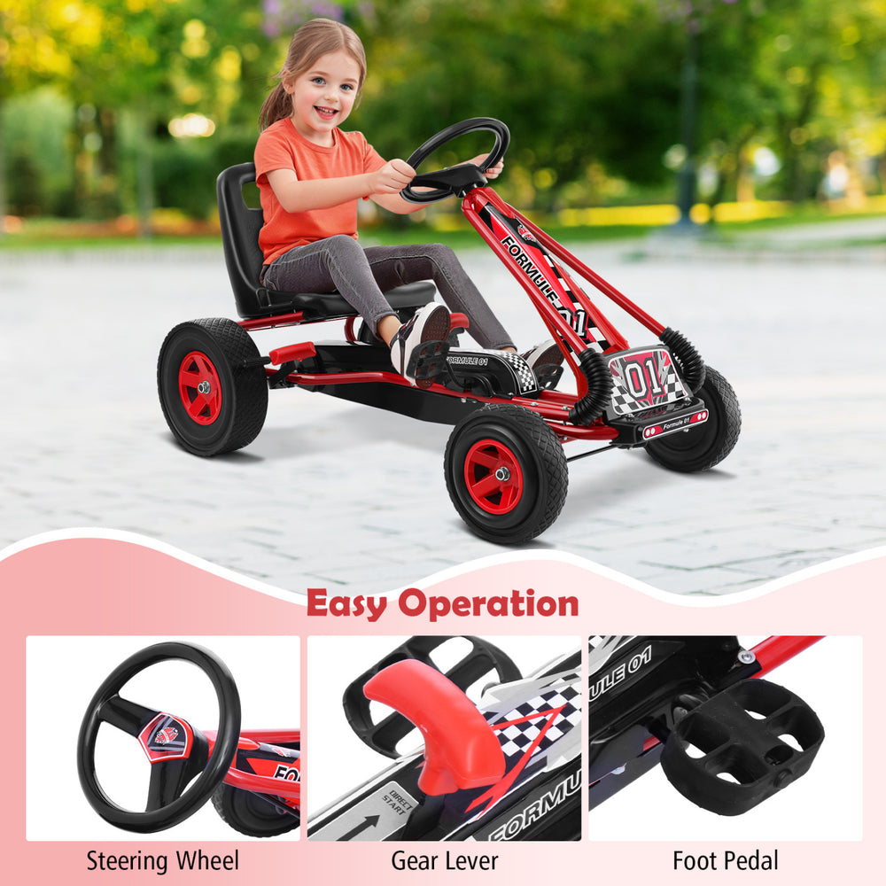 Kids pedal-powered go-kart in red with steering wheel, gear lever, and foot pedal, designed for outdoor play.