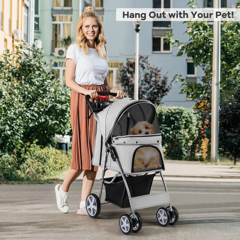Folding Pet Stroller with Storage Basket and Adjustable Canopy-Gray - Gallery View 1 of 10