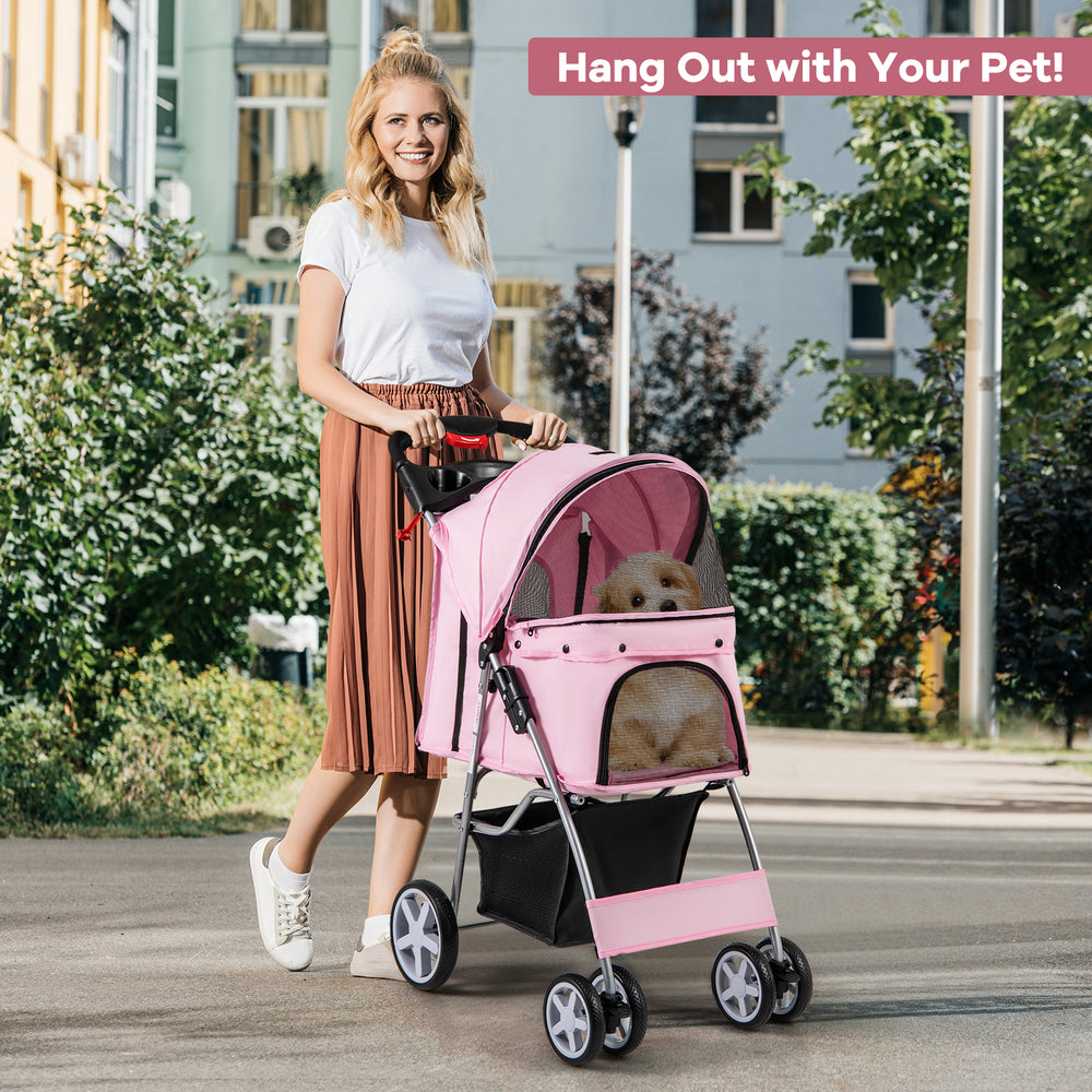 Folding Pet Stroller with Storage Basket and Adjustable Canopy-Pink - Gallery View 1 of 10