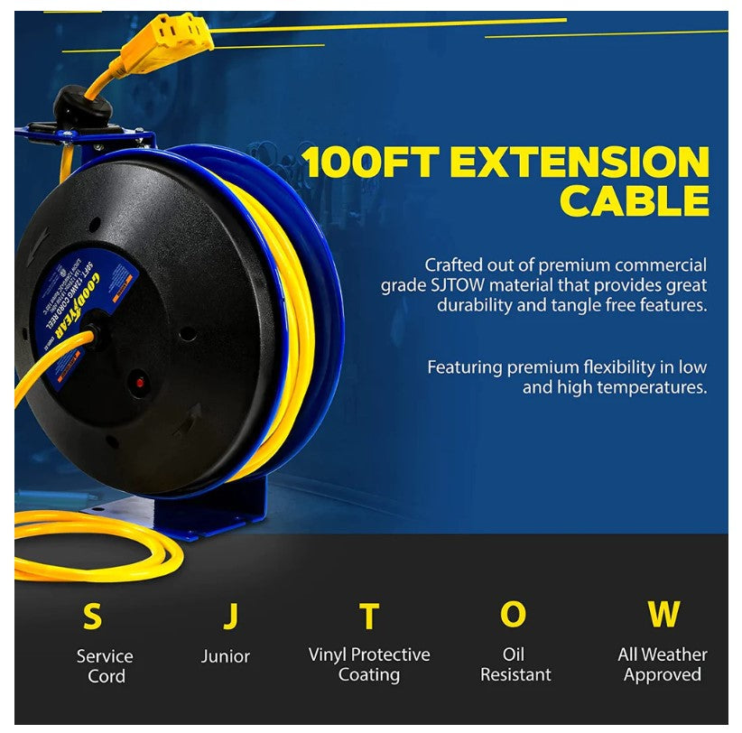 Goodyear GUR073 Retractable Extension Cord Reel Mountable 124AWG x 100 –  FactoryPure