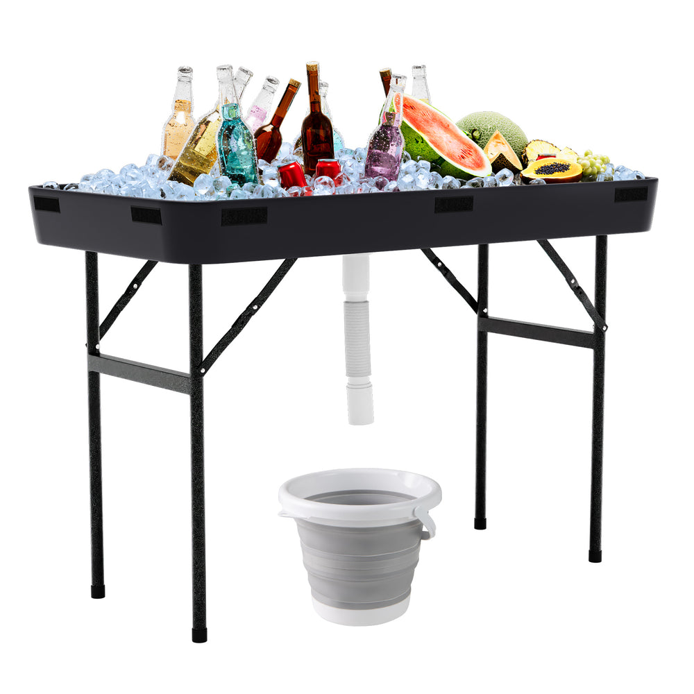 Folding 4 feet black plastic party ice table with drinks and ice, featuring a drain system and matching skirt for.