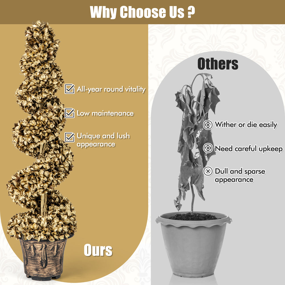 4 FT artificial topiary spiral tree set of 2 in vintage plastic nursery pot, featuring dense gold leaves for indoor and.