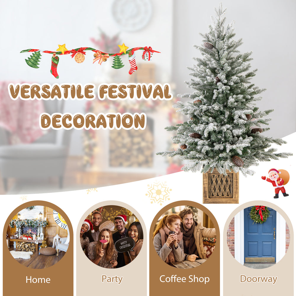 4 FT pre-lit artificial Christmas tree with 100 LED lights, snow flocked branches, and pine cones for festive home.
