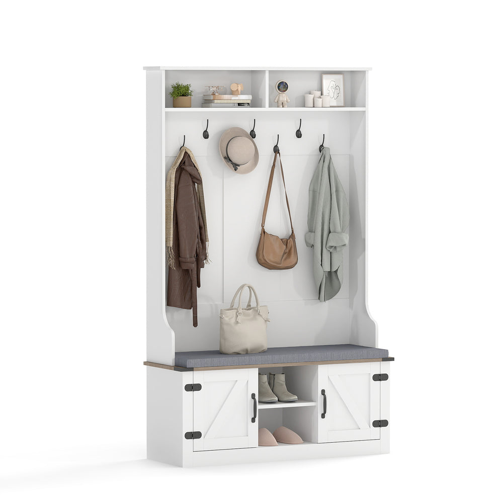 Tall white coat rack with cushioned bench, 7 hooks, and shoe storage, perfect for entryway organization.