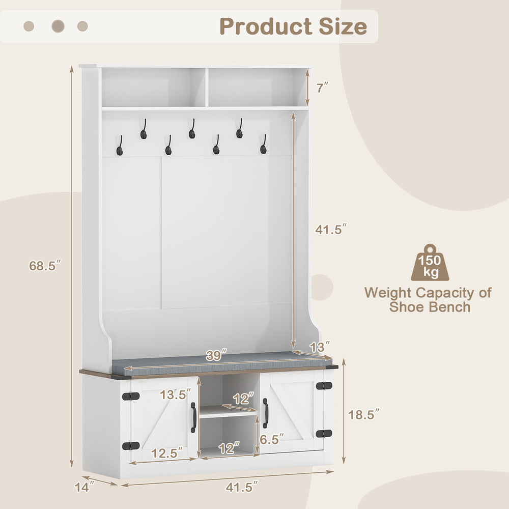 4-in-1 tall coat rack with cushioned bench, shoe storage, and 7 hooks, designed for a clutter-free entryway.