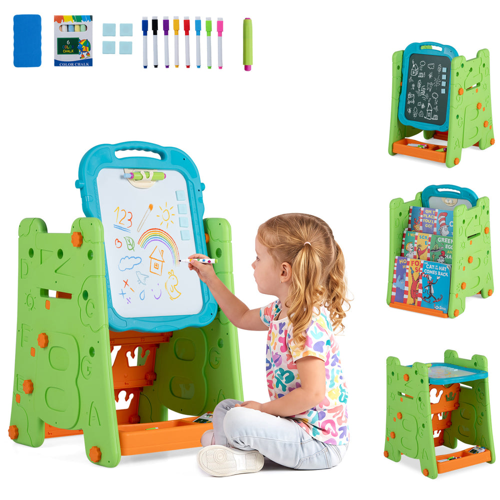 Colorful 4-in-1 art easel with double-sided magnetic board, adjustable height, and ample storage for kids' creative play.