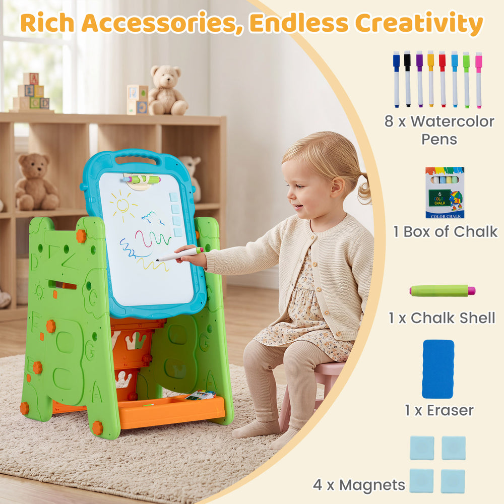 4-in-1 green art easel features a double-sided magnetic board, adjustable height, and ample storage for creative play.