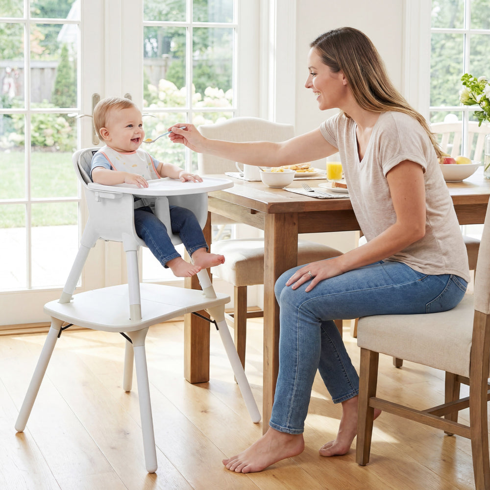 4-in-1 baby convertible chair set with adjustable tray and removable PU cushion, perfect for dining in narrow spaces.