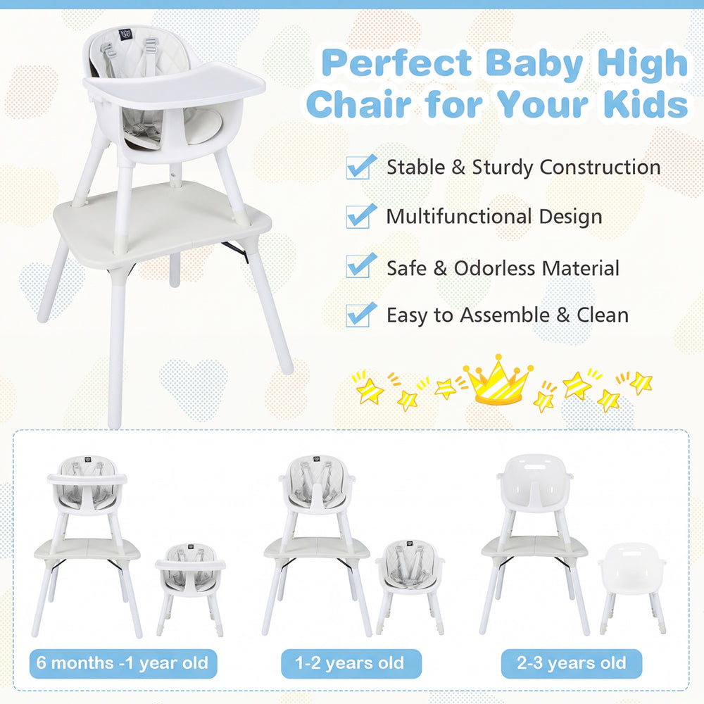 4-in-1 baby high chair set in cream with adjustable tray, 5-point harness, and removable PU cushion for easy cleaning.