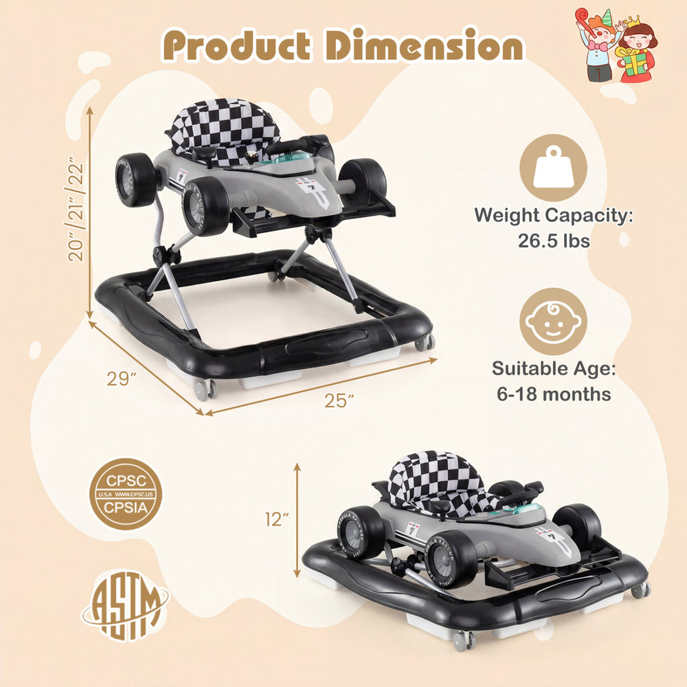 Height-adjustable gray 4-in-1 baby push walker with music box, suitable for 6-18 months, featuring non-slip wheels.