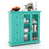Turquoise buffet sideboard with glass doors, four drawers, and decorative items for versatile storage and display.