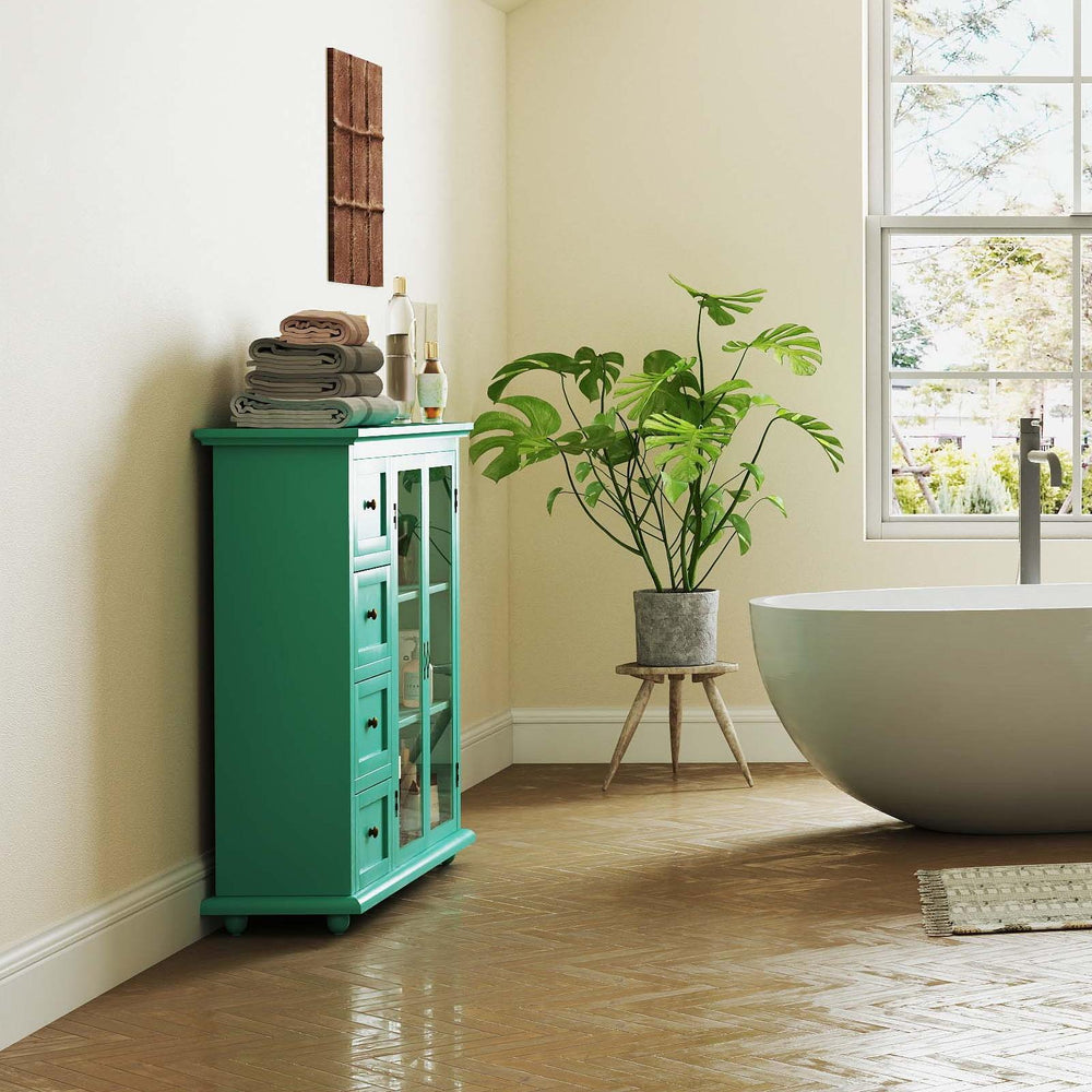 Tall teal cabinet with adjustable shelves and a waterproof shower bench, perfect for bathroom storage and organization.