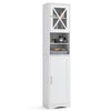 Tall white storage cabinet with glass doors, adjustable shelves, and elegant design for versatile home organization.