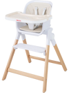 Convertible baby high chair in beige features solid wood legs, adjustable tray, and 5-point safety belt for secure feeding.