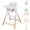 Convertible baby high chair in beige with solid wood legs, adjustable tray, and 5-point safety belt for secure feeding.