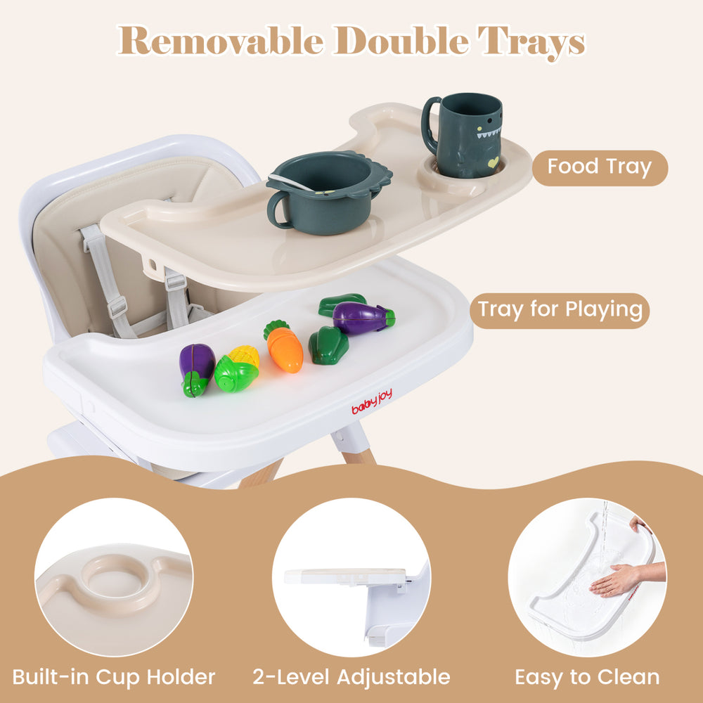 Removable double trays of the beige 4-in-1 convertible baby high chair for feeding and play, easy to clean and adjustable.