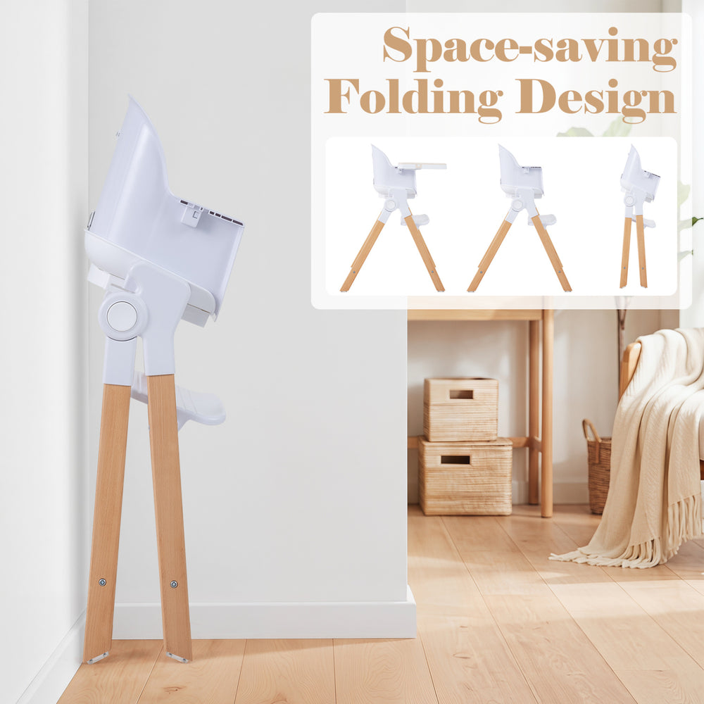4-in-1 convertible baby high chair in beige features a space-saving folding design and solid wood legs for stability.