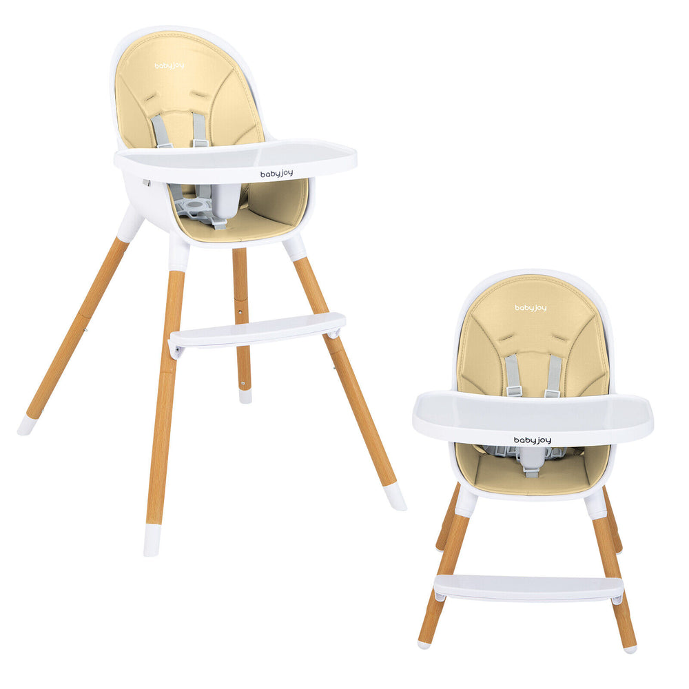 Convertible beige baby high chair with adjustable tray and safety harness, ideal for infants aged 3-36 months.