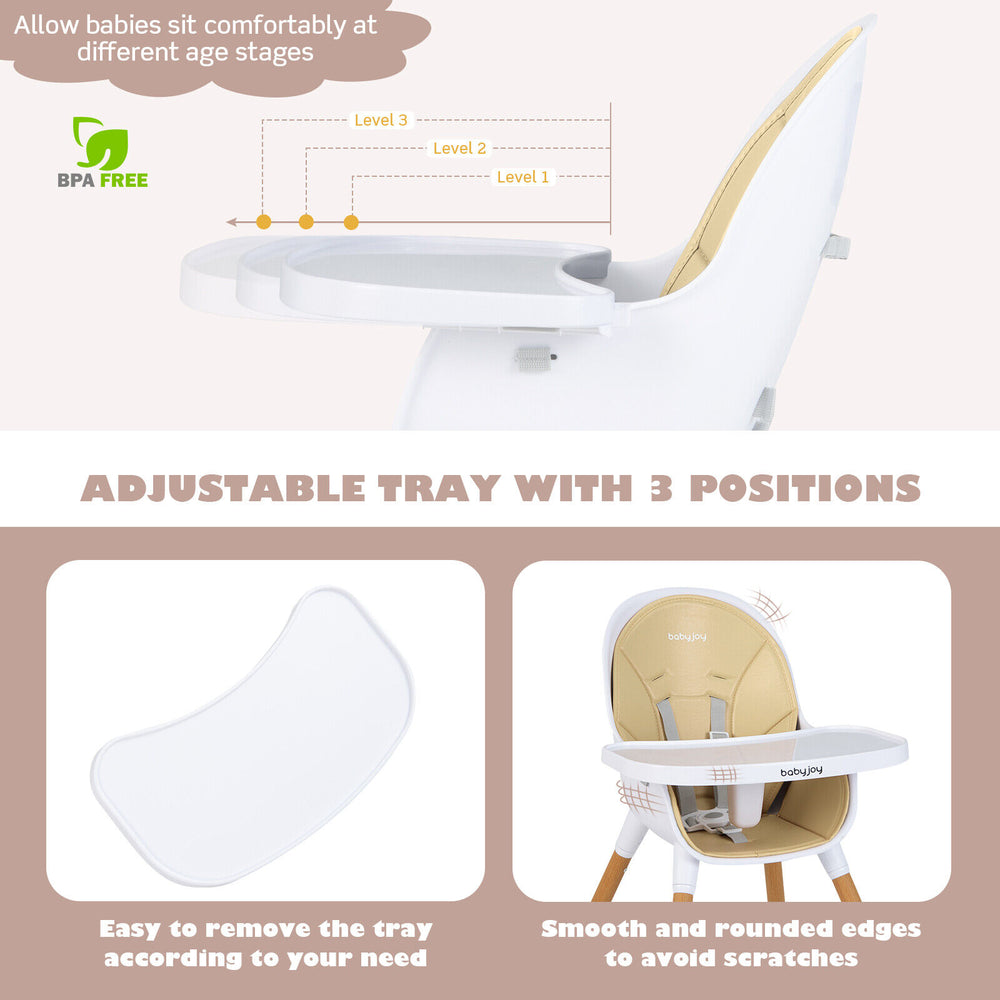 Convertible baby high chair in beige with adjustable tray, suitable for kids 3-36 months, for feeding and playtime.