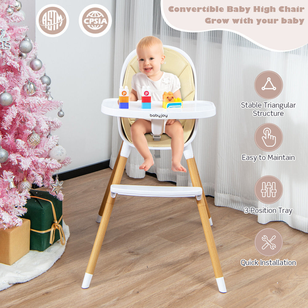 Convertible baby high chair in beige with adjustable tray, 5-point harness, and stable triangular structure for safety.