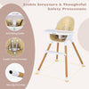 4-in-1 convertible baby high chair in beige with adjustable tray, 5-point safety harness, and non-slip foot pads.