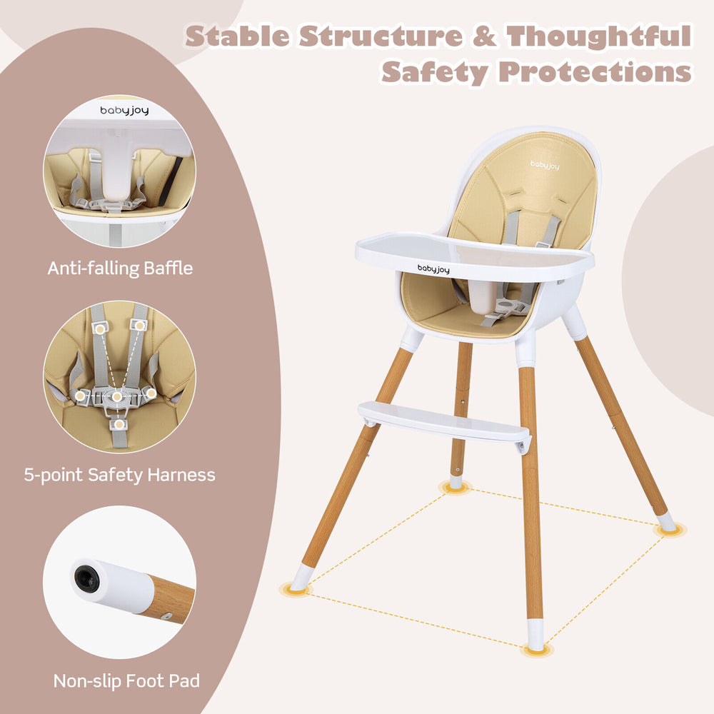4-in-1 convertible baby high chair in beige with adjustable tray, 5-point safety harness, and non-slip foot pads.