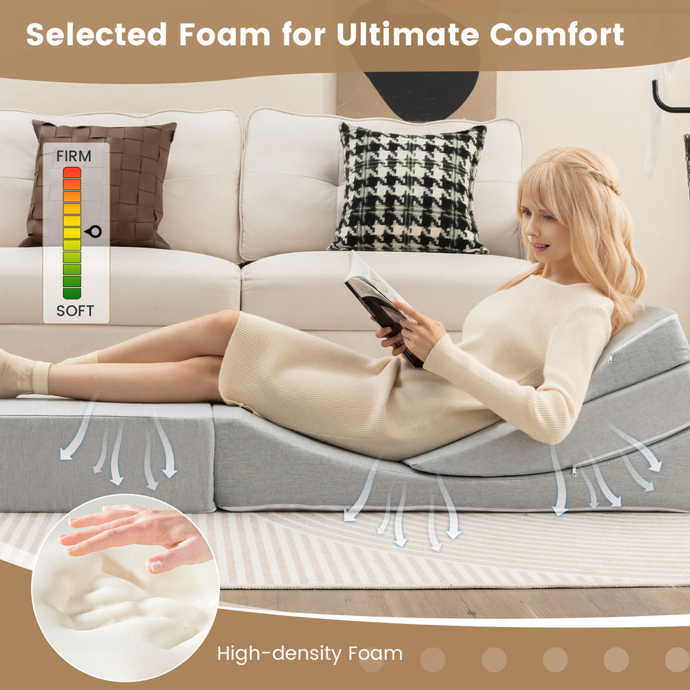 Convertible folding sofa bed in gray with high-density foam, perfect for reading and relaxing in any living space.