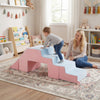 Colorful 4-in-1 foam climbing blocks in pink for toddlers, perfect for indoor climbing, sliding, and imaginative play.