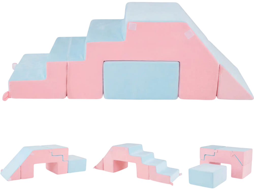 Colorful 4-in-1 foam climbing blocks in pink and blue provide a safe and fun indoor play area for toddlers.