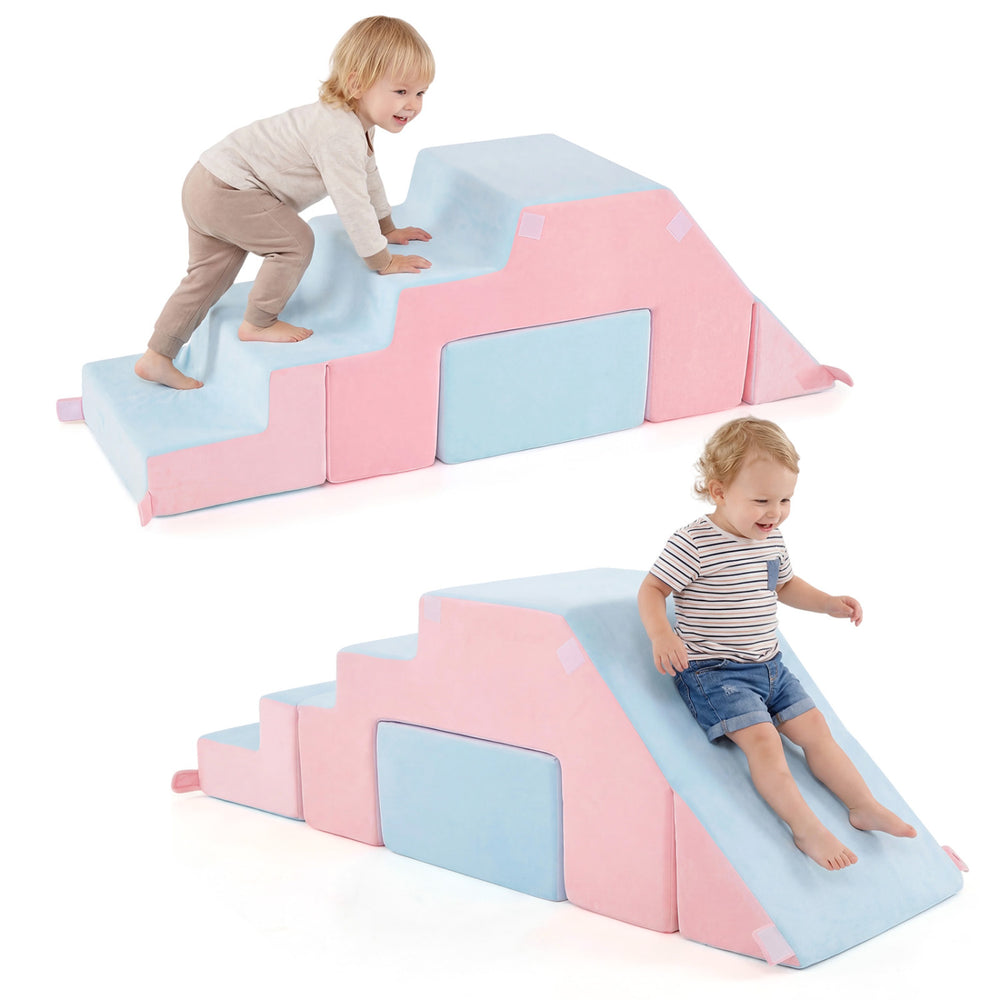 Colorful 4-in-1 foam climbing blocks with slide for toddlers, featuring pink and blue plush fabric for safe indoor play.