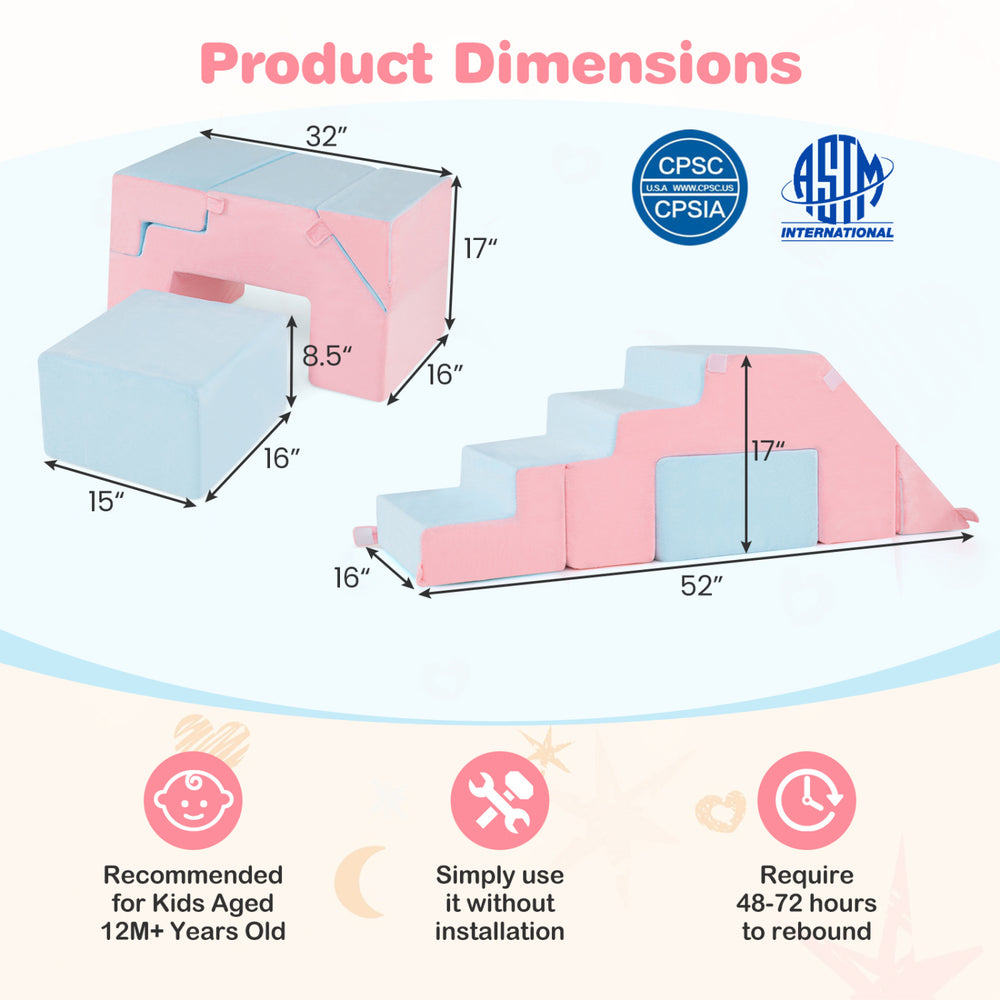Colorful 4-in-1 foam climbing blocks with slide for toddlers, featuring a soft surface and customizable design for indoor play.