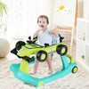 4-in-1 foldable activity push walker in green with adjustable height, featuring a toy steering wheel and safety bumper.