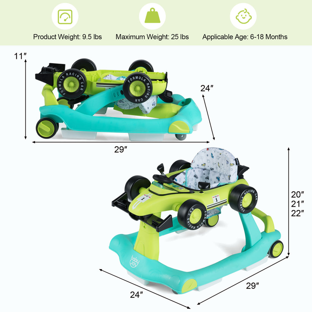 4-in-1 foldable activity push walker in green with adjustable height, safety features, and engaging toy car design.