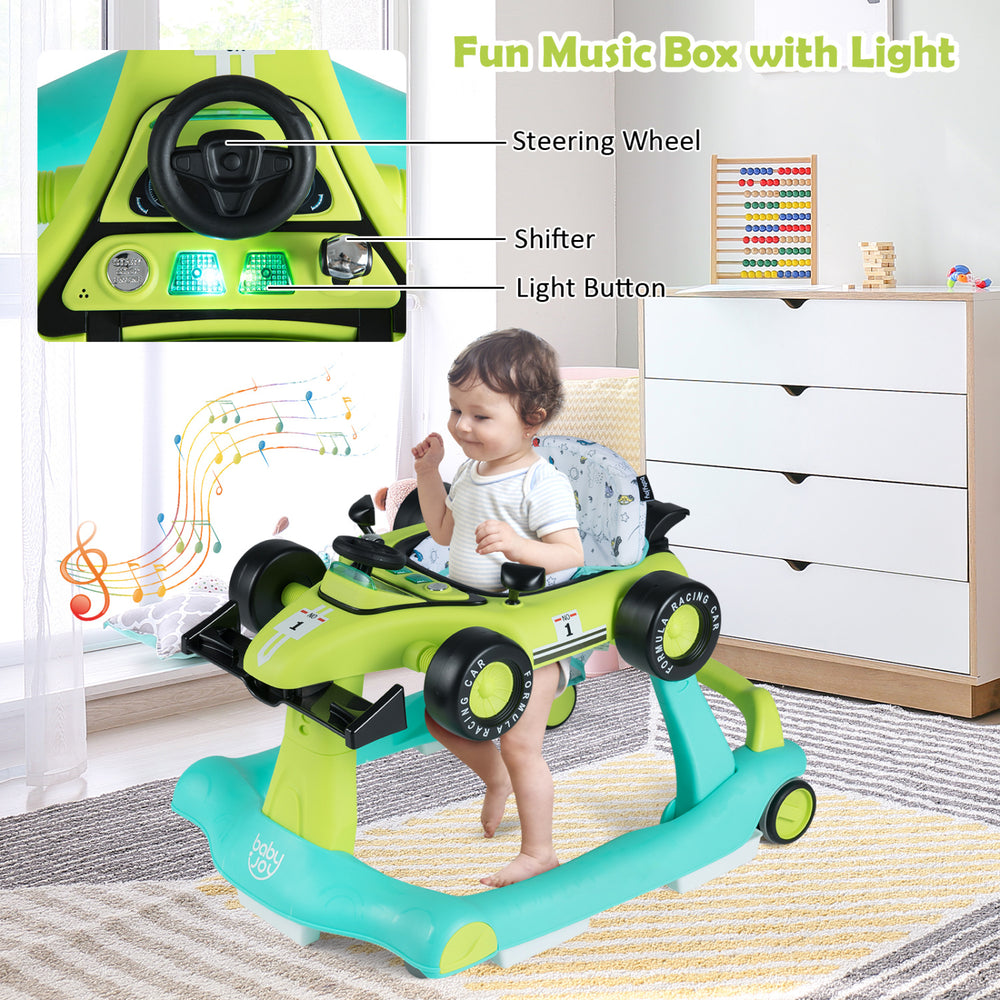 4-in-1 foldable activity push walker in green with steering wheel, music box, and adjustable height for baby playtime.
