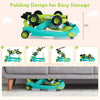 Foldable 4-in-1 activity push walker in green with adjustable height, designed for easy storage under furniture.