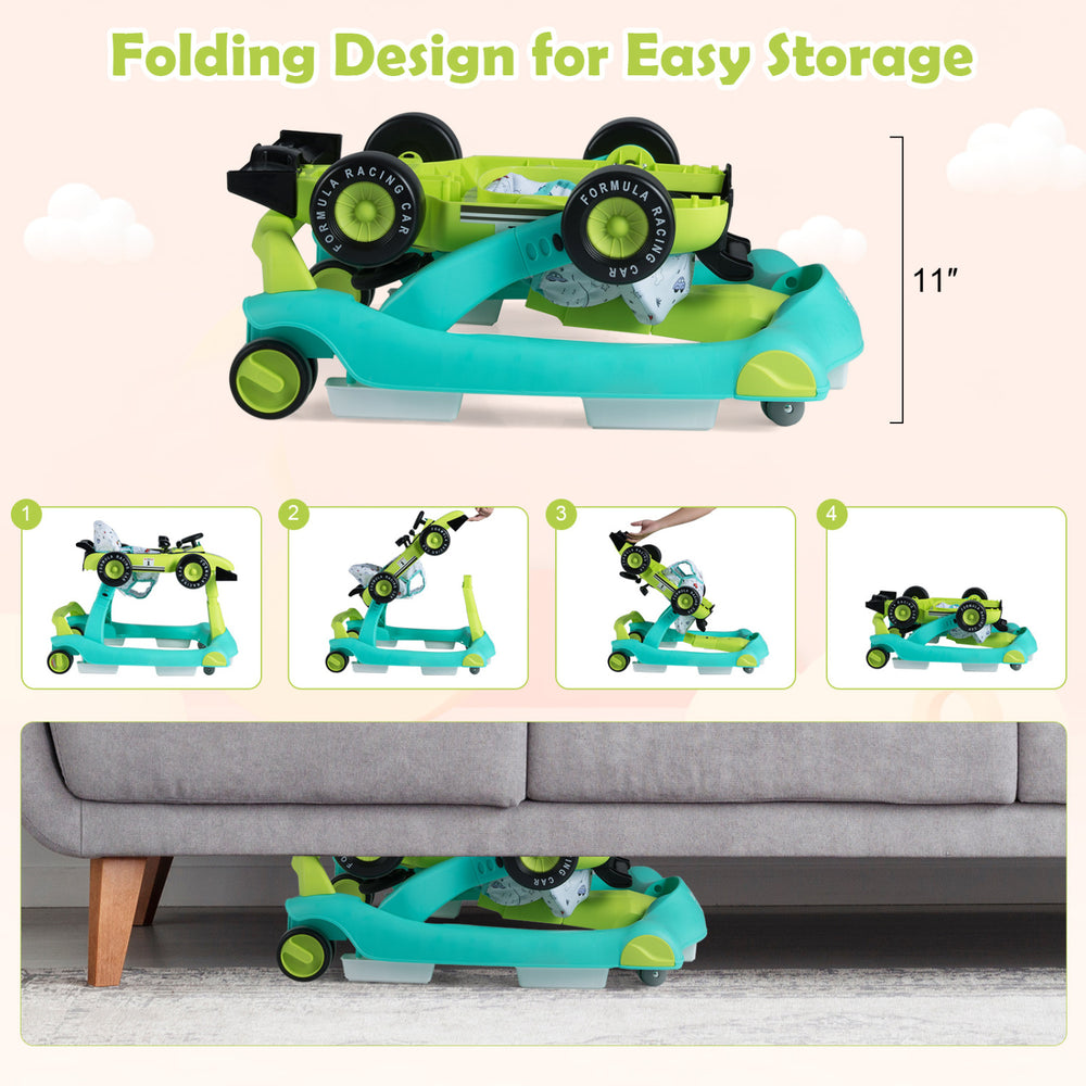 Foldable 4-in-1 activity push walker in green with adjustable height, designed for easy storage under furniture.