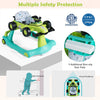4-in-1 foldable activity push walker in green with adjustable height, safety bumper, and non-slip stair pads for baby.