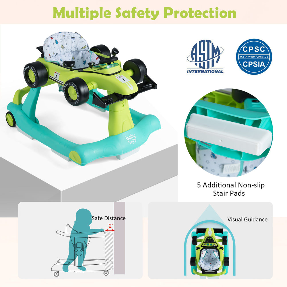 4-in-1 foldable activity push walker in green with adjustable height, safety bumper, and non-slip stair pads for baby.