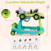 4-in-1 foldable activity push walker in green with adjustable height, safety bumper, and toy features for baby play.