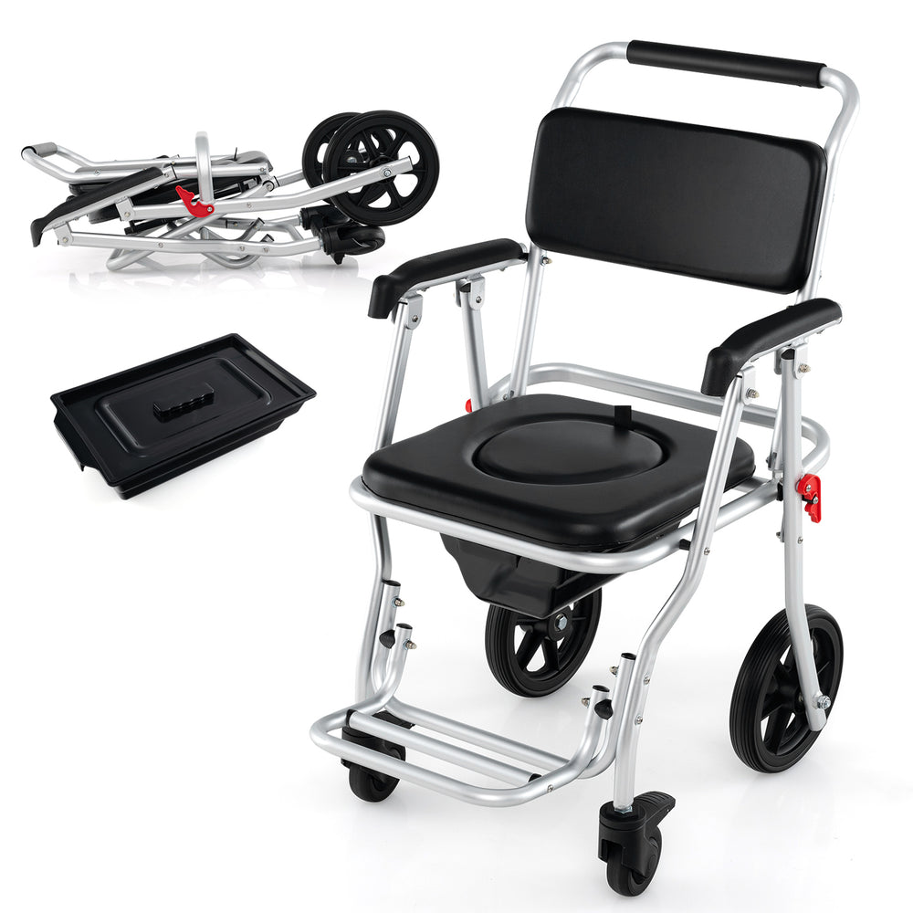 Foldable bedside commode chair with brakes, bucket, and footrest; lightweight aluminum frame for easy mobility and.