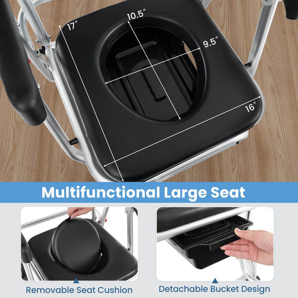 Large seat of the 4-in-1 foldable bedside commode chair with removable cushion and detachable bucket for easy cleaning.