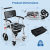 Foldable bedside commode chair with brakes, bucket, and footrest; dimensions shown for easy storage and mobility.