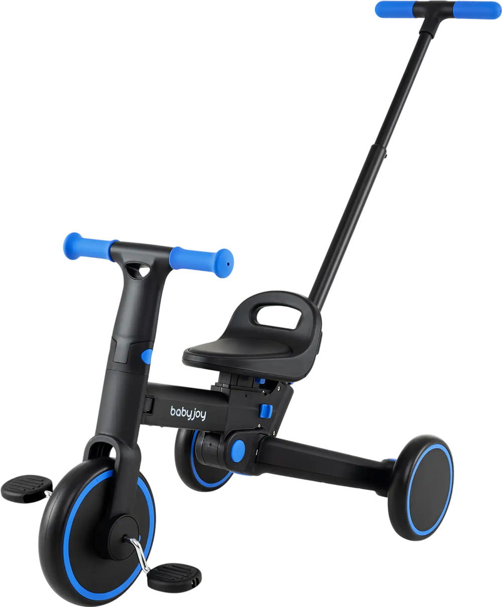 Foldable toddler tricycle with push handle, adjustable seat, and EVA foam wheels for a smooth ride in navy color.