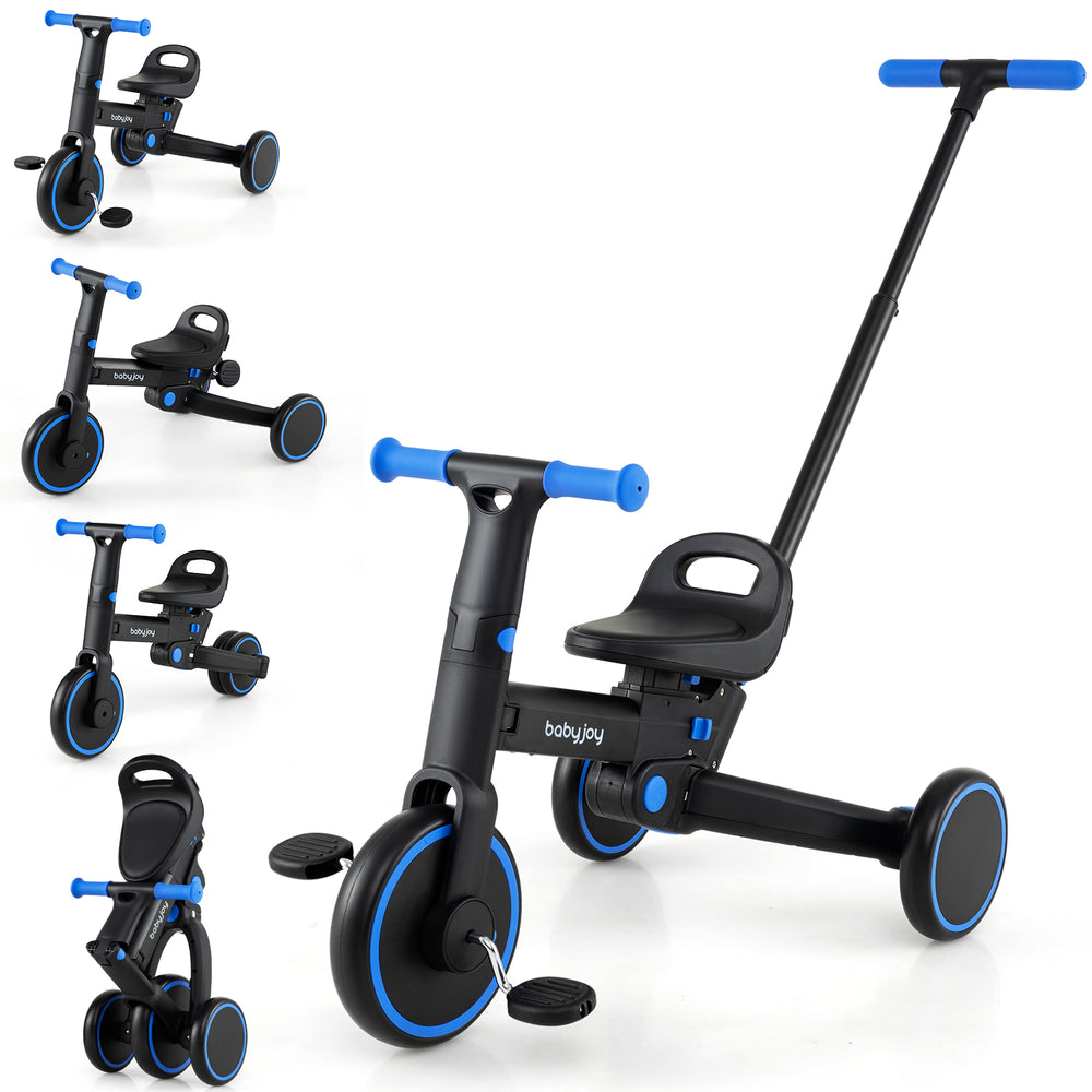 4-in-1 foldable toddler tricycle in navy with adjustable seat and push handle for versatile riding options.
